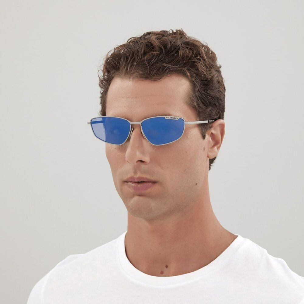 NEW Balenciaga BB0277S 003 Ruthenium Blue Mirrored Geometric Unisex Sunglasses - Picture 6 of 14